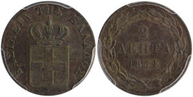 GREECE: 2 Lepta (1834) (type I) in copper. Royal coat of arms and inscription "ΒΑΣΙΛΕΙΑ ΤΗΣ ΕΛΛΑΔΟΣ" on obverse. Graded by PCGS "MS 62 BN". Cert numbe...