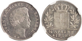 GREECE: 1/4 Drachma (1834 A) (type I) in silver (0,900). Head of King Otto facing right and inscription "ΟΘΩΝ ΒΑΣΙΛΕΥΣ ΤΗΣ ΕΛΛΑΔΟΣ" on obverse. Graded...