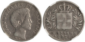 GREECE: 1/2 Drachma (1834 A) (type I) in silver (0,900). Head of King Otto facing right and inscription "ΟΘΩΝ ΒΑΣΙΛΕΥΣ ΤΗΣ ΕΛΛΑΔΟΣ" on obverse. Graded...