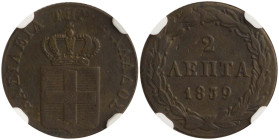 GREECE: 2 Lepta (1839) (type I) in copper. Royal coat of arms and inscription "ΒΑΣΙΛΕΙΑ ΤΗΣ ΕΛΛΑΔΟΣ" on obverse. Graded by NGC "VF DETAILS / CLEANED"....