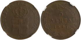 GREECE: 5 Lepta (1841) (type I) in copper. Royal coat of arms and inscription "ΒΑΣΙΛΕΙΑ ΤΗΣ ΕΛΛΑΔΟΣ" on obverse. Graded by NGC "MS 61 BN". Cert number...