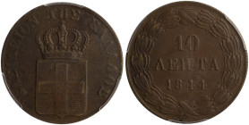 GREECE: 10 Lepta (1844) (type II) in copper. Royal coat of arms and inscription "ΒΑΣΙΛΕΙΟΝ ΤΗΣ ΕΛΛΑΔΟΣ" on obverse. Graded by PCGS "AU 53". Cert numbe...
