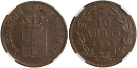 GREECE: 10 Lepta (1848) (type III) in copper. Royal coat of arms and inscription "ΒΑΣΙΛΕΙΟΝ ΤΗΣ ΕΛΛΑΔΟΣ" on obverse. Graded by NGC "MS 63 BN". Cert nu...