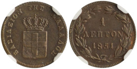 GREECE: 1 Lepton (1851) (type IV) in copper. Royal coat of arms and inscription "ΒΑΣΙΛΕΙΟΝ ΤΗΣ ΕΛΛΑΔΟΣ" on obverse. Graded by NGC "MS 62 BN". Cert num...