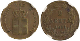 GREECE: 2 Lepta (1851) (type IV) in copper. Royal coat of arms and inscription "ΒΑΣΙΛΕΙΟΝ ΤΗΣ ΕΛΛΑΔΟΣ" on obverse. Graded by NGC "MS 62 BN". Cert numb...