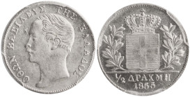 GREECE: 1/2 Drachma (1855) (type II) in silver (0,900). Mature head of King Otto facing left and inscription "ΟΘΩΝ ΒΑΣΙΛΕΥΣ ΤΗΣ ΕΛΛΑΔΟΣ" on obverse. V...