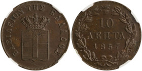 GREECE: 10 Lepta (1857) (type III) in copper. Royal coat of arms and inscription "ΒΑΣΙΛΕΙΟΝ ΤΗΣ ΕΛΛΑΔΟΣ" on obverse. Graded by NGC "MS 62 BN". Cert nu...