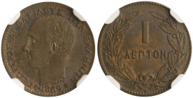 GREECE: 1 Lepton (1869 BB) (type I) in copper. Head of King George facing left and inscription "ΓΕΩΡΓΙΟΣ Α! ΒΑΣΙΛΕΥΣ ΤΩΝ ΕΛΛΗΝΩΝ" on obverse. Graded b...