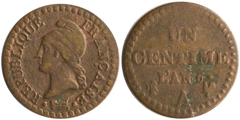 FRANCE: 1 Centime (An 6 / 1797) in bronze. Liberty head facing left on obverse. ...
