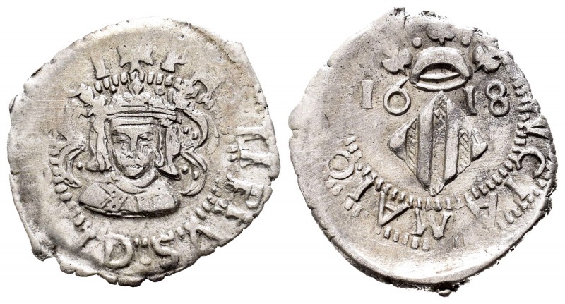 Felipe III (1598-1621). Dieciocheno. 1618. Valencia. (FM-36 variante). Ag. 2,28 ...