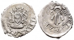 Felipe III (1598-1621). Dieciocheno. 1618. Valencia. (FM-36 variante). Ag. 2,28 g. Puntos a cada lado del busto y la D invertida en leyenda de anverso...