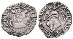 Felipe III (1598-1621). Dieciocheno. 1618. Valencia. (FM-40). Ag. 1,68 g. Puntos a los lados del busto y un punto entre hojas. Leyendsa completas. Muy...