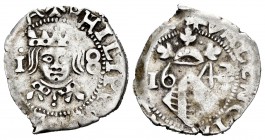 Felipe IV (1621-1665). Dieciocheno. 1642. Valencia. (FM-127 variante). Ag. 2,02 g. Punto sobre el 1 del valor. Colgante al cuello y punto sobre corona...