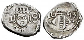 Felipe IV (1621-1665). Dieciocheno. 1653. Valencia. (FM-175). Ag. 2,05 g. Corona de 6 puntas. El 8 del valor formado por dos 0. MBC-. Est...60,00.