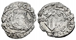 Carlos II (1665-1700). Dieciocheno. 1684. Valencia. (FM-199 variante). Ag. 2,03 g.  Curiosa acuñación de reverso sobre anverso. Buena acuñación. Muy r...