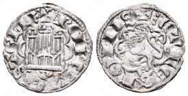 Reino de Castilla y León. Alfonso X (1252-1284). Novén. Burgos. (Bautista-394). Ve. 0,75 g. B bajo el castillo. Orla de anverso sin puntos y de revers...