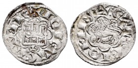 Reino de Castilla y León. Alfonso X (1252-1284). Novén. Burgos. (Bautista-394 variante). Ve. 0,77 g. Curiosa B bajo el castillo y creciente en la puer...