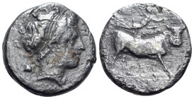 Southern Campania, Neapolis, c. 300-275 BC. AR Didrachm (19mm, 6.20g, 10h). Obv. Diademed head of nymph to right, wearing earring and necklace; behind...