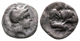 Southern Apulia, Tarentum, c. 325-280 BC. AR Diobol (9mm, 0.81g). Obv. Head of Athena right, wearing crested helmet decorated with Skylla. Rev. Herakl...