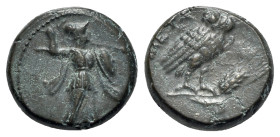 Southern Lucania, Metapontion, c. 225-200(?) BC. Æ (15mm, 3.81g, 6h). Athena Alkideimos advancing r. R/ Owl standing r., head facing on grain ear. Joh...
