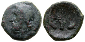 Sicily, Messana, 338-318 BC. Æ (20mm, 6.91g). Laureate head of Poseidon l. R/ Ornate trident head flanked by dolphins. CNS I, 14; HGC 2, 833.