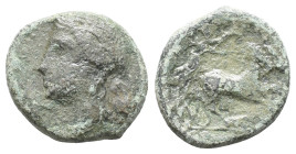 Sicily, Syracuse. Hiketas II (287-278 BC). Æ (19mm, 5.93gg), c. 287-283. Wreathed head of Kore l. R/ Charioteer driving biga r. CNS II, 124 (Agathokle...