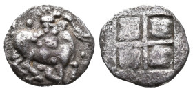 Thraco-Macedonian Region, Uncertain, Aigai (?), c. 480-460 BC. AR Obol (10mm, 0.77g). Male goat kneeling r. R/ Quadripartite incuse square. SNG ANS 66...