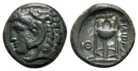 Macedon, Philippi, c. 356-345 BC. Æ (17mm, 5.27g, 9h). Head of Herakles l., wearing lion skin. R/ Tripod; Θ to l. Bellinger, Philippi, Group Ic, 5; HG...