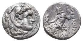 Kings of Macedon, Alexander III 'the Great' (336-323 BC). AR Drachm (16mm, 3.49g). Uncertain mint. Head of Herakles r., wearing lion skin. R/ Zeus Aët...