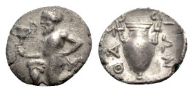 Island of Thrace, Thasos, c. 404-340 BC. AR Trihemiobol (11mm, 0.76g, 1h). Satyr kneeling l., carrying Kantharos. R/ Amphora. Le Rider 27; SNG Copenha...