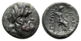 Thessaly, Perrhaiboi, late 2nd to early 1st century BC. Æ Trichalkon (19mm, 8.01g, 1h). Laureate and bearded head of Zeus r. R/ Hera, diademed, veiled...