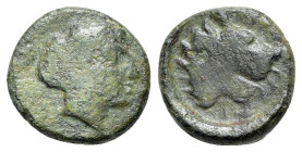 Thessaly, Pherai.Circa 404-369 BC. Chalkous (Bronze, 10mm, 1.40g, 9h). Obv. Head of Ennodia to right. Rev. EΦPAI Water fountain in the form of lion he...