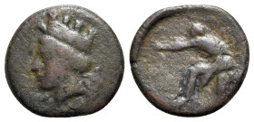 Skythia, Olbia, c. 300-275 BC. Æ (18.5mm, 3.99g, 6h). Turreted and wreathed head of Demeter l. R/ Archer kneeling l., drawing arrow. SNG BM Black Sea ...