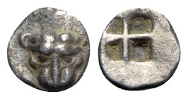 Cimmerian Bosporos, Pantikapaion, c. 475-400 BC. AR Obol (9mm, 0.64g). Facing lion's head. R/ Quadripartite incuse. BMC Black Sea 837; SNG Stancomb 51...