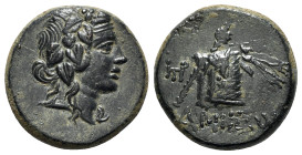 Pontos, Amisos, c. 125-100 BC. Æ (22mm, 8.77g, 12h). Under Mithradates VI, c. 85-65 BC. Head of Dionysos r., wearing wreath of ivy. R/ Panther skin an...