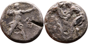 Pamphylia, Aspendos. (4tc century BC) State. Obverse: Two wrestlers, nude, grappling Reverse: Slinger in throwing stance right

20mm 8,49g