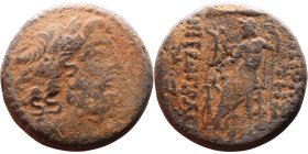 SYRIA. Antioch. Civic issue (100-1 BC). AE bronze. Obv: laureate head of Zeus, r. Rev: ΑΝΤΙΟΧΕΩΝ ΤΗΣ ΜΗΤΡΟΠΟΛΕΩΣ; Zeus seated l., holding Nike and sce...