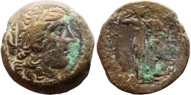 Seleukos I Nikator (Seleukid King: 312-260 BC). AE bronze. Obv.: Laureate head of Apollo right, with wavy locks Rev: Athena Promachos standing right, ...