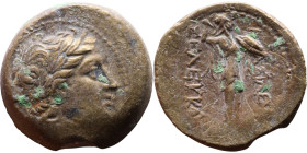 Seleukos I Nikator (Seleukid King: 312-260 BC). AE bronze. Obv.: Laureate head of Apollo right, with wavy locks Rev: Athena Promachos standing right, ...