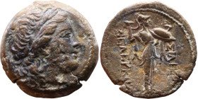 Seleukos I Nikator (Seleukid King: 312-260 BC). AE bronze. Obv.: Laureate head of Apollo right, with wavy locks Rev: Athena Promachos standing right, ...