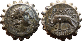 Antiochus VI Dionysos (Seleukid King: 145-141 BC). AE bronze. Obv.: Radiate and wreathed head Rev.: elephant standing left

23mm 7,77g