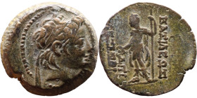 Alexander II Zabinas (Seleukid King: 128 BC-123 BC) Silver coin. Obverse: Diademed head of Alexander II right Reverse: Dionysus standing left, holding...