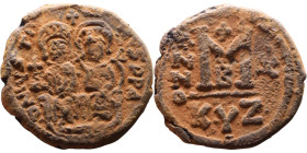 Justin II and Sophia (565-578) Follis Obverse: DN IVSTINVS PP AVG Justin and Sophia on thrones Reverse: Large M between ANNO and regnal year, above cr...