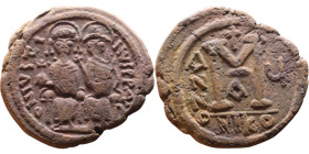 Justin II and Sophia (565-578) Follis Obverse: DN IVSTINVS PP AVG Justin and Sophia on thrones Reverse: Large M between ANNO and regnal year, above cr...