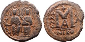 Justin II and Sophia (565-578) Follis Obverse: DN IVSTINVS PP AVG Justin and Sophia on thrones Reverse: Large M between ANNO and regnal year, above cr...