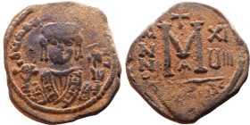 Maurice Tiberius (582-602) Follis Obverse: Crowned bust facing, wearing consular robes, holding mappa and eagle-tipped scepter , Reverse: Large M cros...
