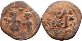 Heraclius and Hercalius Constantine (610-641) Follis. Obverse: Heraclius on left, Heraclius Constaninte on right, . Reverse: ANNO, Large M, cross abov...