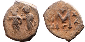 Heraclius and Hercalius Constantine (610-641) Follis. Obverse: Heraclius on left, Heraclius Constaninte on right, . Reverse: ANNO, Large M, cross abov...