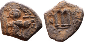 Constans II (641-668) Follis. Obverse: Imperial figure holding cross and globus Reverse: m and inscription

24mm 5,21g

Artificial sand patina