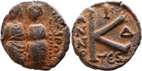 Justin II and Sophia (565-578) Hallf Follis Obverse: DN IVSTINVS PP AVG Justin and Sophia on thrones Reverse: Large K, Mintmark

18mm 3,66g

Artif...